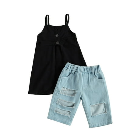 

Livingsenburg Toddler Girls Sets Solid Sleeveless Dress Vest Tops Denim Pants