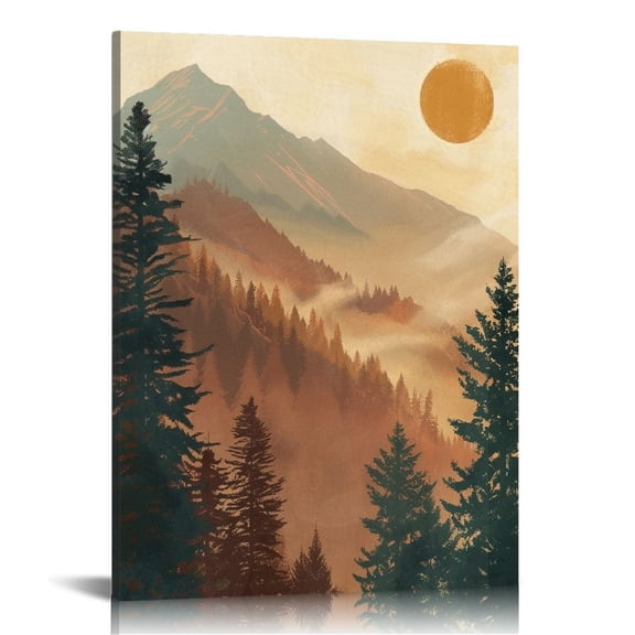 JRXY Boho Wall Art Decor,Mid-Century Modern Wall Prints, Abstract Sun Mountain Forest Lake Nature Scenery Framed Canvas Wall Art, Minimalist Woodland Nursery Decor Bohemian Artwork, Boho Wall 12x16 in