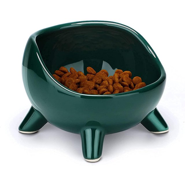 Cuenco para gatos (1 x 650 ml), cuenco elevado de cerámica para gatos/cachorros, cuenco ortopédico en ángulo para gatos adultos/gatitos para comida/agua - verde esmeralda. Afortunado Sencillez