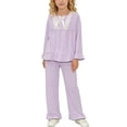 thumbnail image 2 of FRSASU Girls Summer 2 Piece Outfits Long Sleeve Loose Lace Blouse and Long Pants Matching Sets for 3-15 Years Purple, 2 of 8