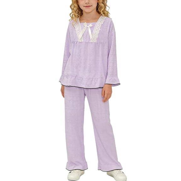 ATOGUTA Girls Sweatsuits 2 Piece Set Kids Long Sleeve T-Shirts and Elastic Waist Wide Leg Pants Size 3T-15 Casual Summer Clothes for Kids Purple