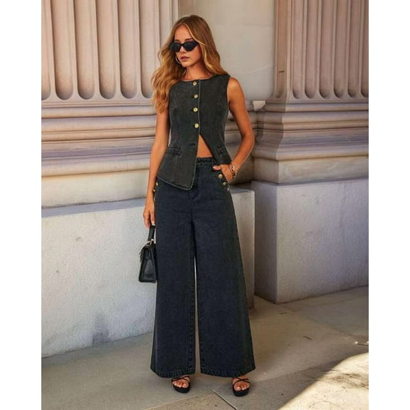 Women 2 Piece Denim Set Button Sleeveless Jean Vest Denim Top Y2k Shirt Wide Leg Jeans Palazzo Pants Outfits Black S