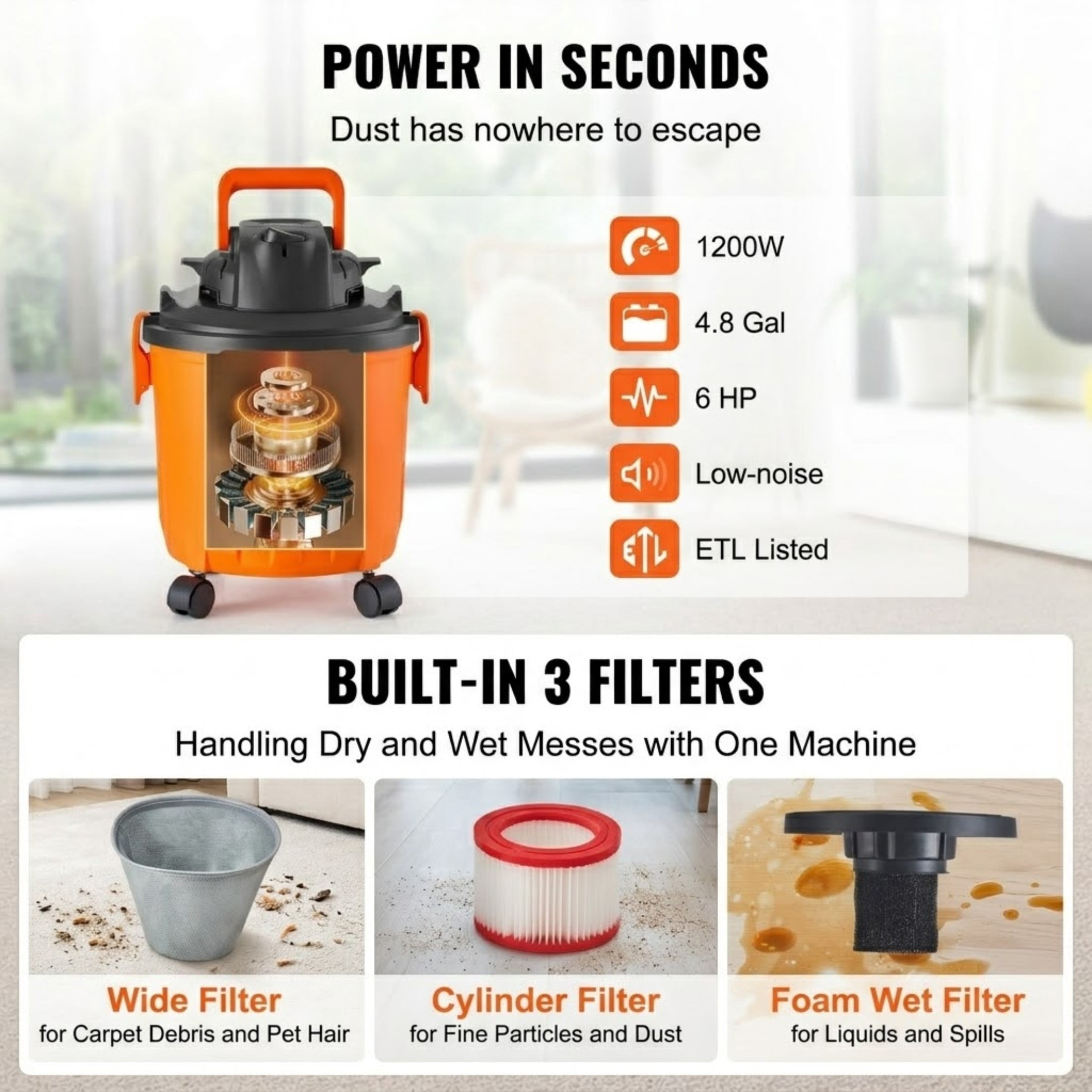 5 Gallon 6 Peak HP Shop Vacuum Wet and Dry, Portable Wet/Dry Vac with Blower Function & 2-in-1 Crevice Nozzle