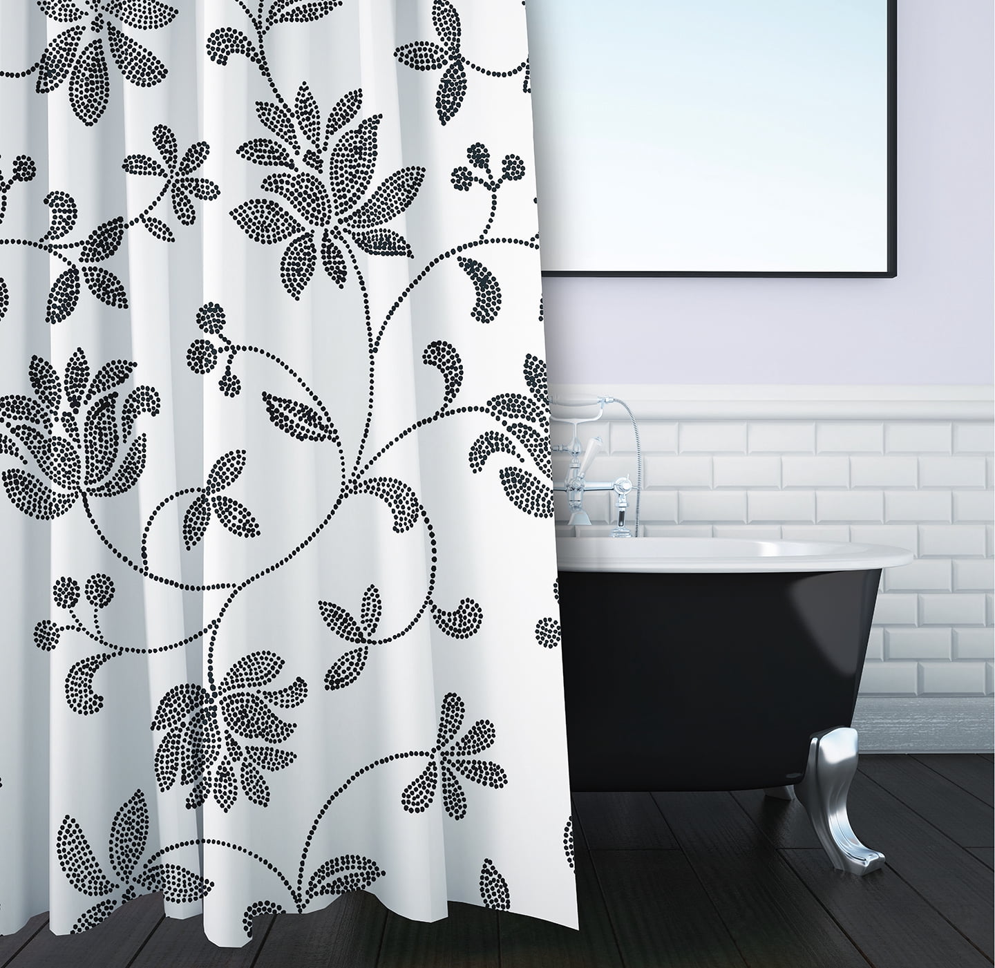 Simply Daisy 70" W x 73" L Traditional Floral Polyester Shower Curtain, Black [1 Ct]
