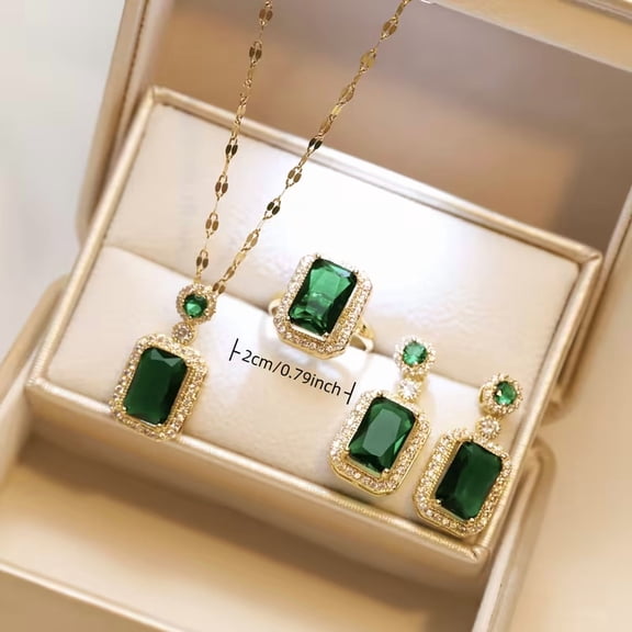3pcs Vintage Emerald Green Cubic Zirconia Jewelry Set for Women, Elegant Square Pendant Necklace, Earrings & Ring Kit, Formal Party & Wedding Accessory Gift