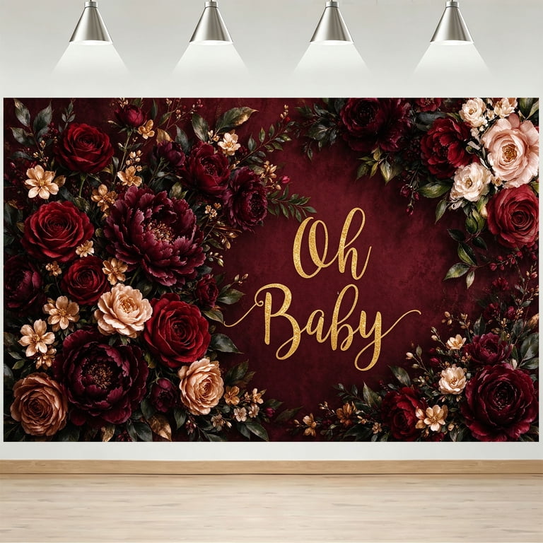 5x3FT Oh Baby Backdrop Burgundy Dark Red Rose Floral Baby Shower Banner ...