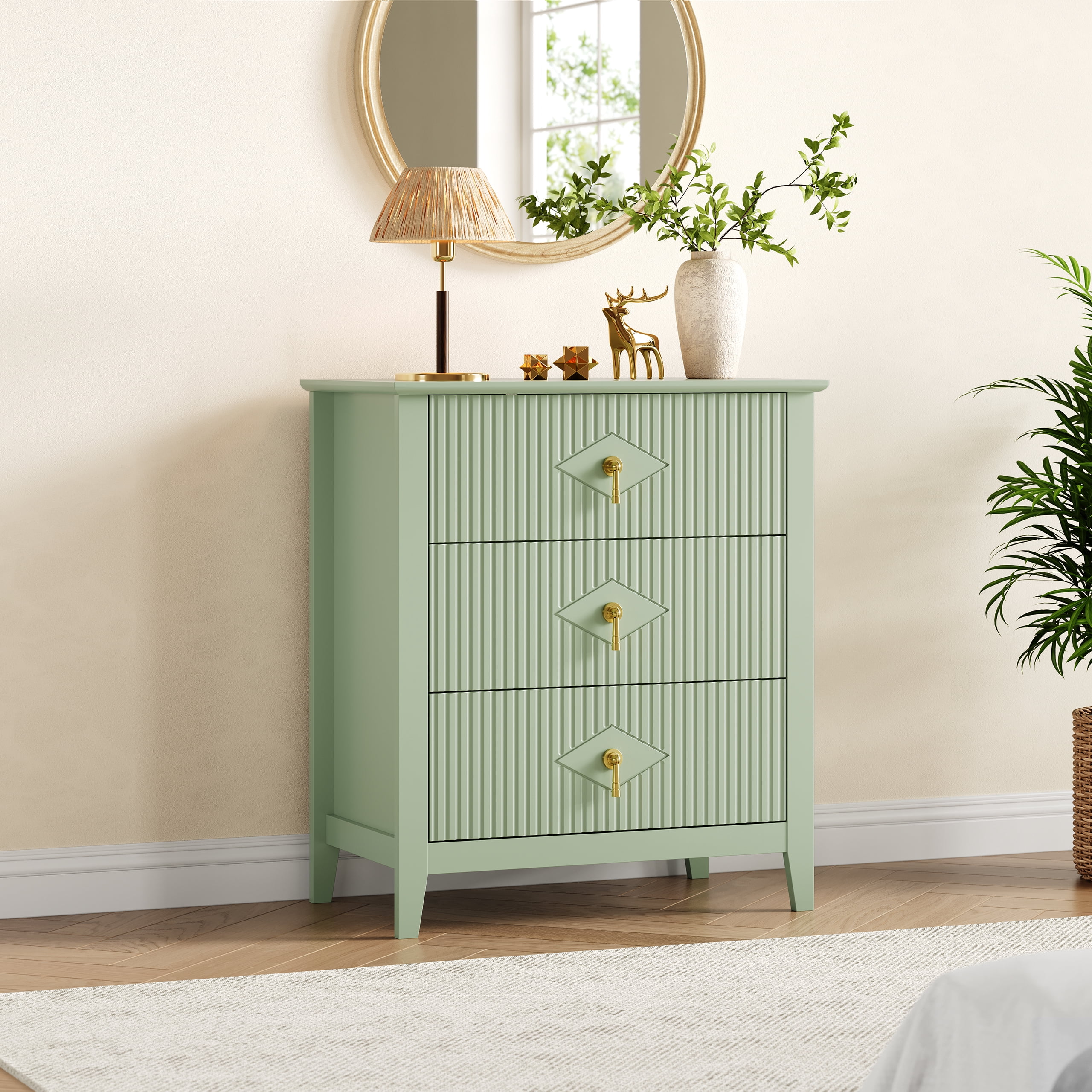 Green Fluted Dresser for Bedroom, 32 Inch Wide Nightstand with Large Drawer, 3 Drawer End Table for Bedroom, Living Rooms, Offices, and Entryways