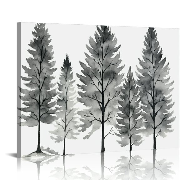 JEUXUS Evergreen Pine Forest Trees Watercolor Wall Art - Abstract Modern Nordic-Look Decor Print. Calming, Neutral & White