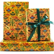 Mexican Fiesta Wrapping Paper, 6 Sheets Cactus Sombrero Guitar Chili Pepper Mustache Printed Mexico Party Gift Wrap 20x28 inches Folded Flat for Mexican Themed Cinco De Mayo Carnival Birthday Party
