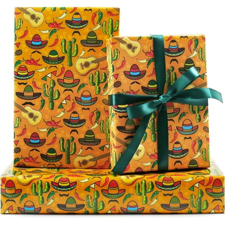 Mexican Fiesta Wrapping Paper, 6 Sheets Cactus Sombrero Guitar Chili Pepper Mustache Printed Mexico Party Gift Wrap 20x28 inches Folded Flat for Mexican Themed Cinco De Mayo Carnival Birthday Party