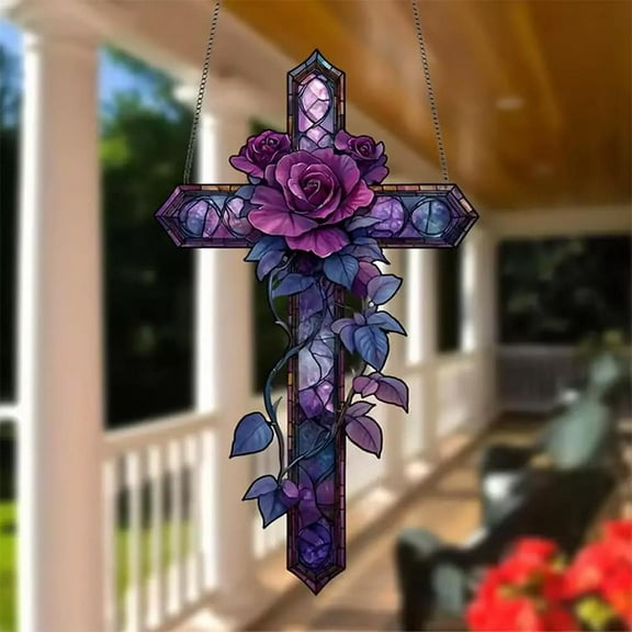 FurNest * Rose Cross Suncatcher Hanging Decor, Flat Stained Acrylic Sunca