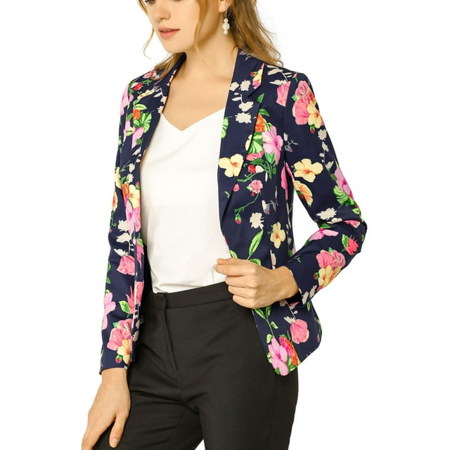 Veste de travail ouverte à col cranté imprimée ajustée pour femmes INSPIRE CHIC, bleu marine à fleurs