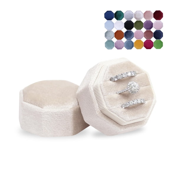 BLUTETE Caja de terciopelo con 3 ranuras para anillos de joyería, caja para anillos de compromiso, caja de recuerdos para el día de la boda, caja para anillos con fotos nupciales, 3 ranuras octágono (