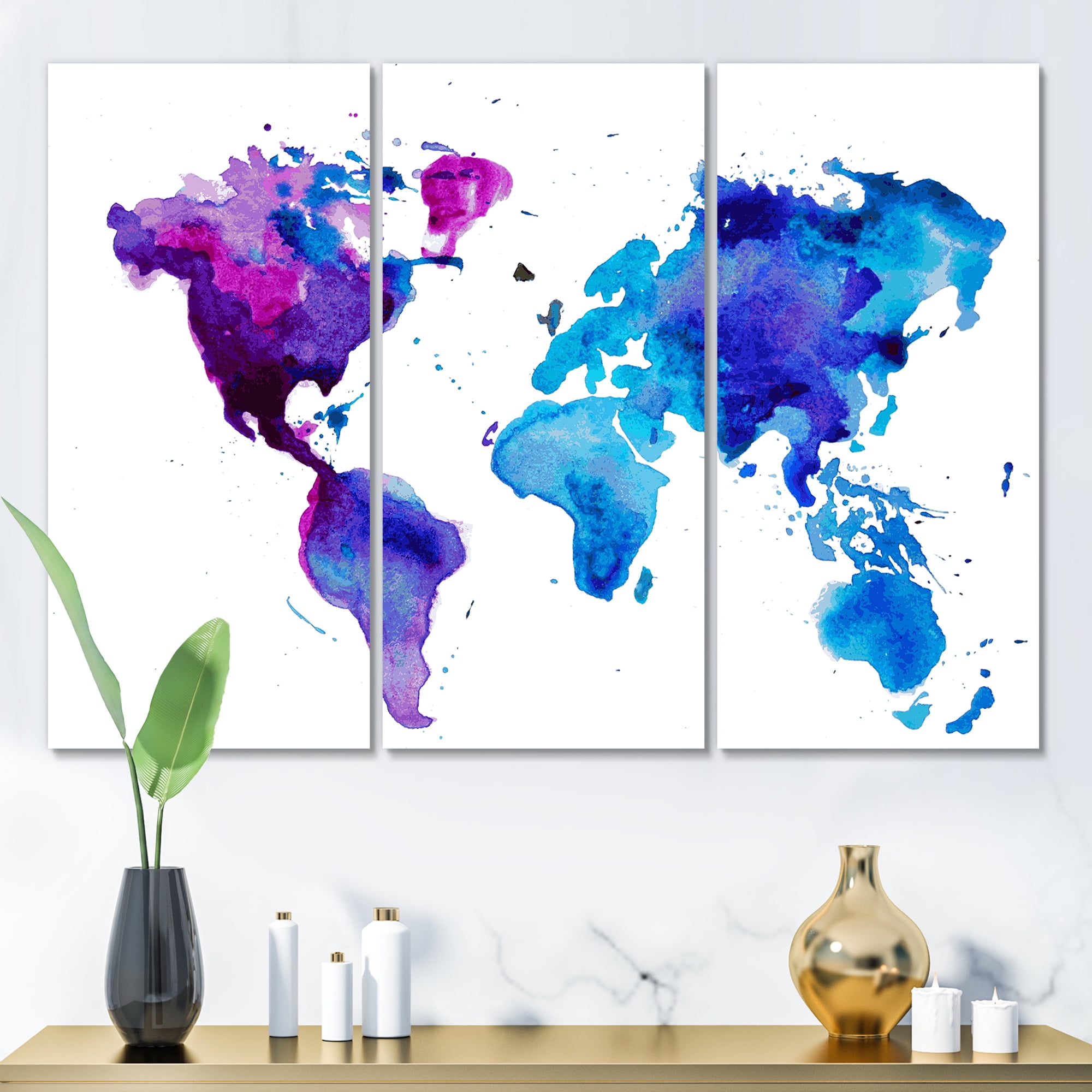 Designart ' Blue and Purple Map Of The World ' Modern Canvas Wall Art Print