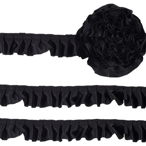 10.9 Yards Pleated Fabric Lace Satin Trim Ribbon 1-5/8 Inch Wide Gather Ruffle Edge Ribbon Polyester Lace Edge Trim Fringe Decoration for Clothes Decor DIY Sewing Craft (Black) Black
