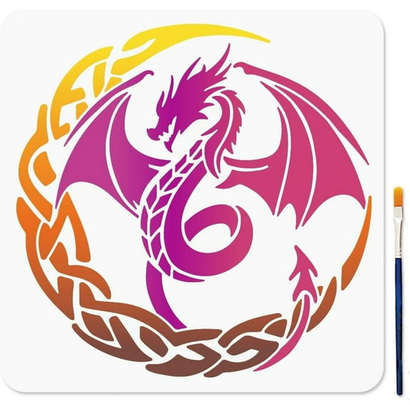 1 Set US 1Pc Art Paint Brushes with 1Pc PET Hollow Out Drawing Painting Stencils Dragon 300x300mm