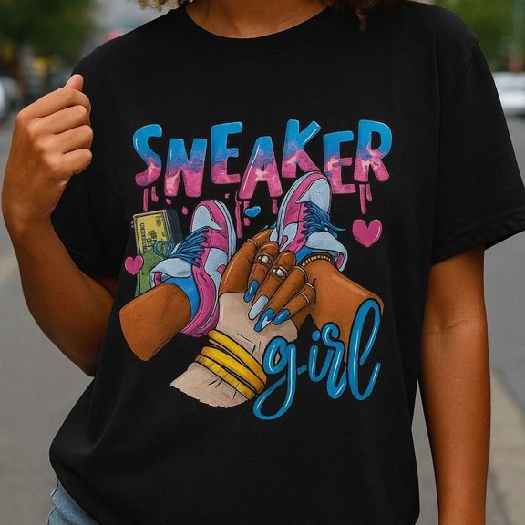 Trendy - Sneaker Graphic Tee, Tops Has “SNEAKER girl” Fashion Sneaker Design, Round Neck Regular Fit T - shirts, Size(S - 5XL)