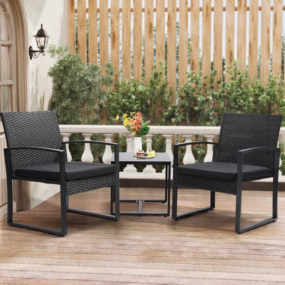 Skandiquip 3-Piece Patio Bistro Set, All-Weather, Outdoor Wicker Furniture with Tempered Glass Table and Waterproof Cushions for Porch, Balcony, Black