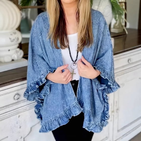 Women Washed Denim Jacket with Ruffle Flare Sleeve, Stylish Casual Daily Outerwear Coat