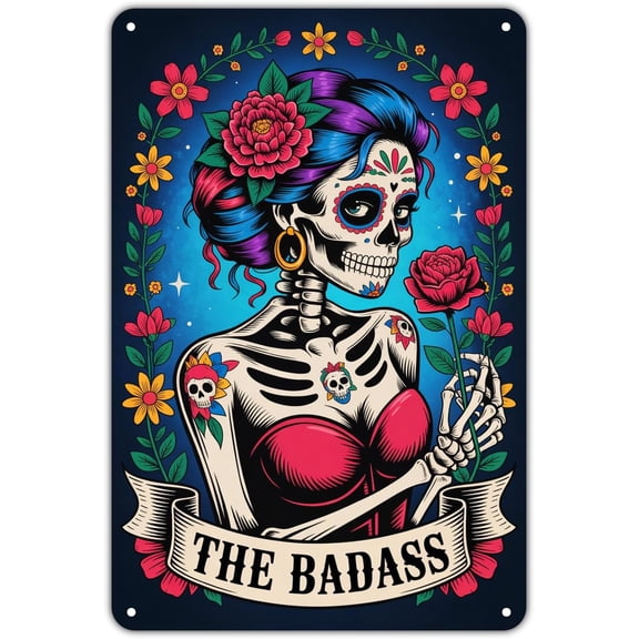 Sugar Skull Woman Dia De Los Muertos Vintage Floral Skeleton Metal Wall Sign for Garden Yard Porch Home Bedroom Kitchen Decor 8 x 12 Inch
