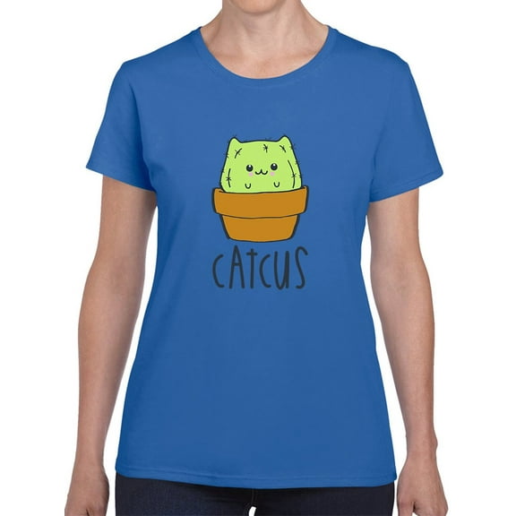 Kawaii Cactus Kitty Face Graphic Women Royal Blue T-Shirt, Female Small