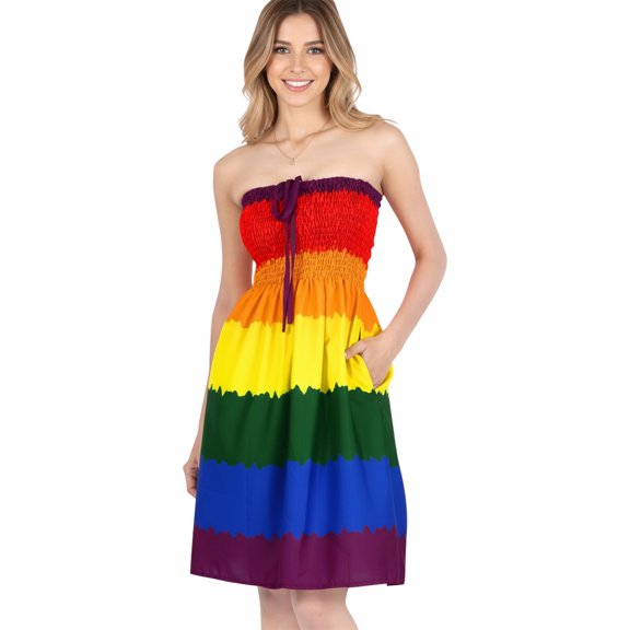 HAPPY BAY Women's Boho Beach Smocked LGBTQ Pride Flag Rainbow Stripe Dress Tube Top Strapless Dresses for Women One Size Colorful, Stripes