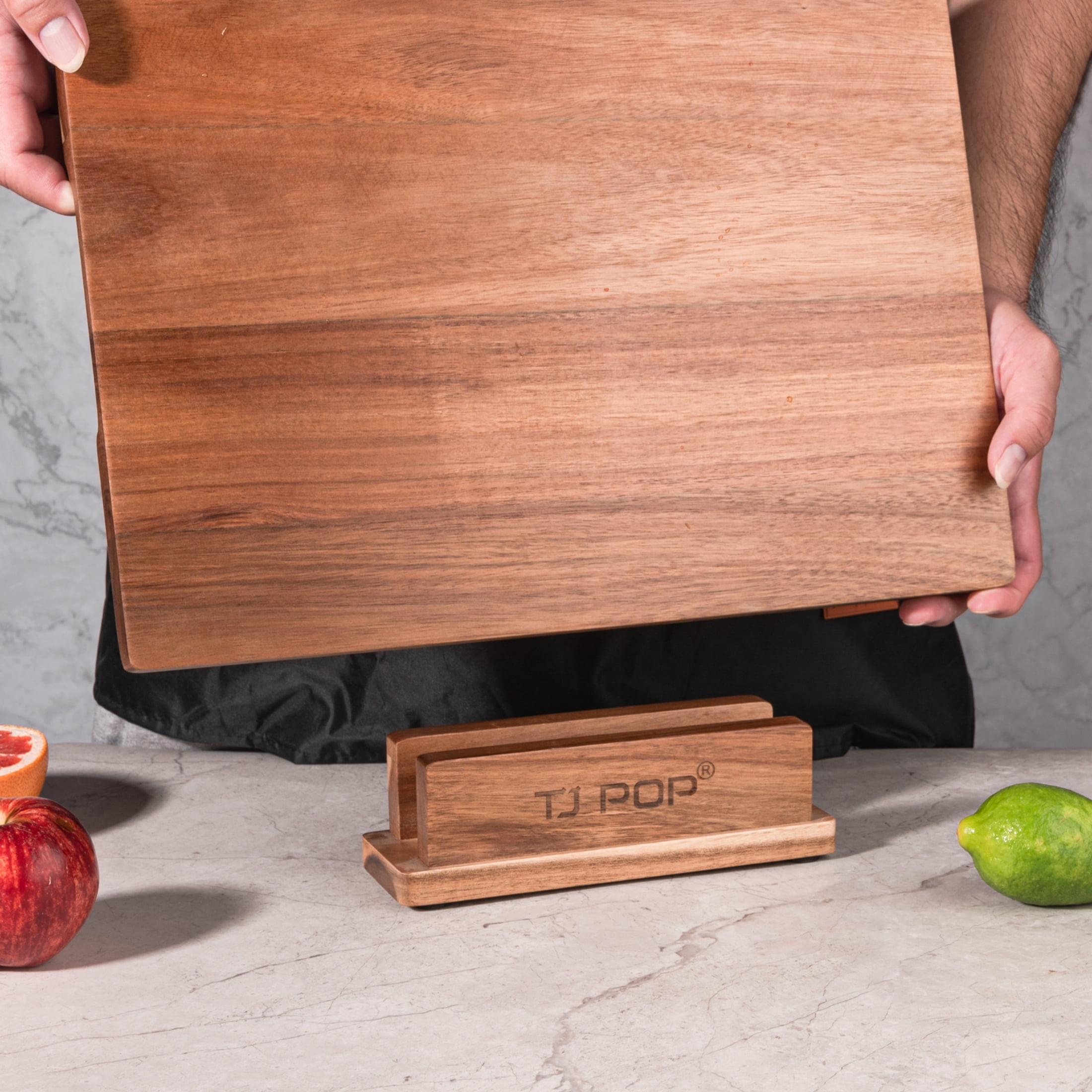TJ POP Acacia Wood Chopping Board for Kitchen, Premium Wooden Cutting Board with Stand Organizer and Built-in Handles, 16 X 12 X 1 in
