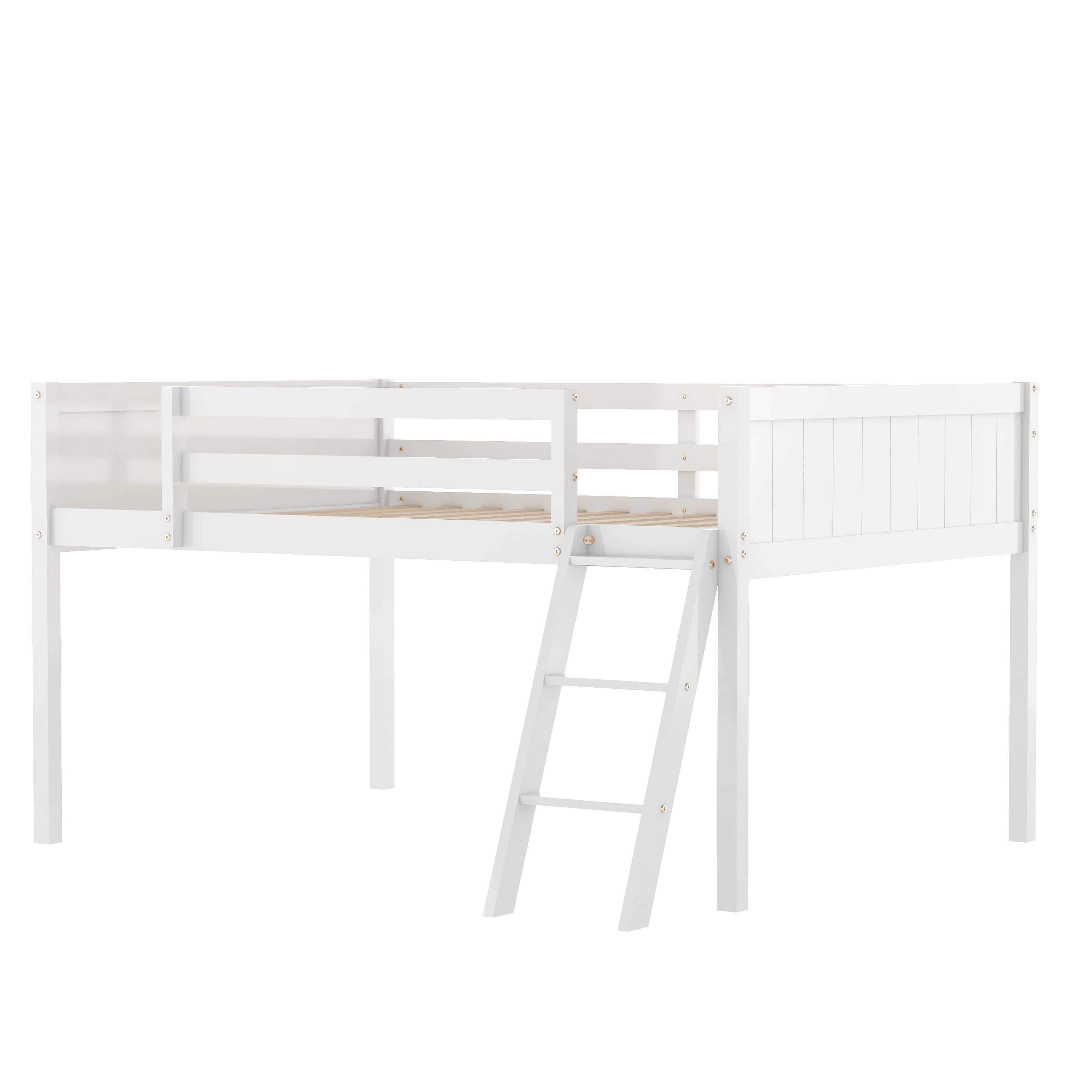 MAYEERTY Full Size Wood Low Loft Bed with Ladder, ladder can be placed on the left or right, White