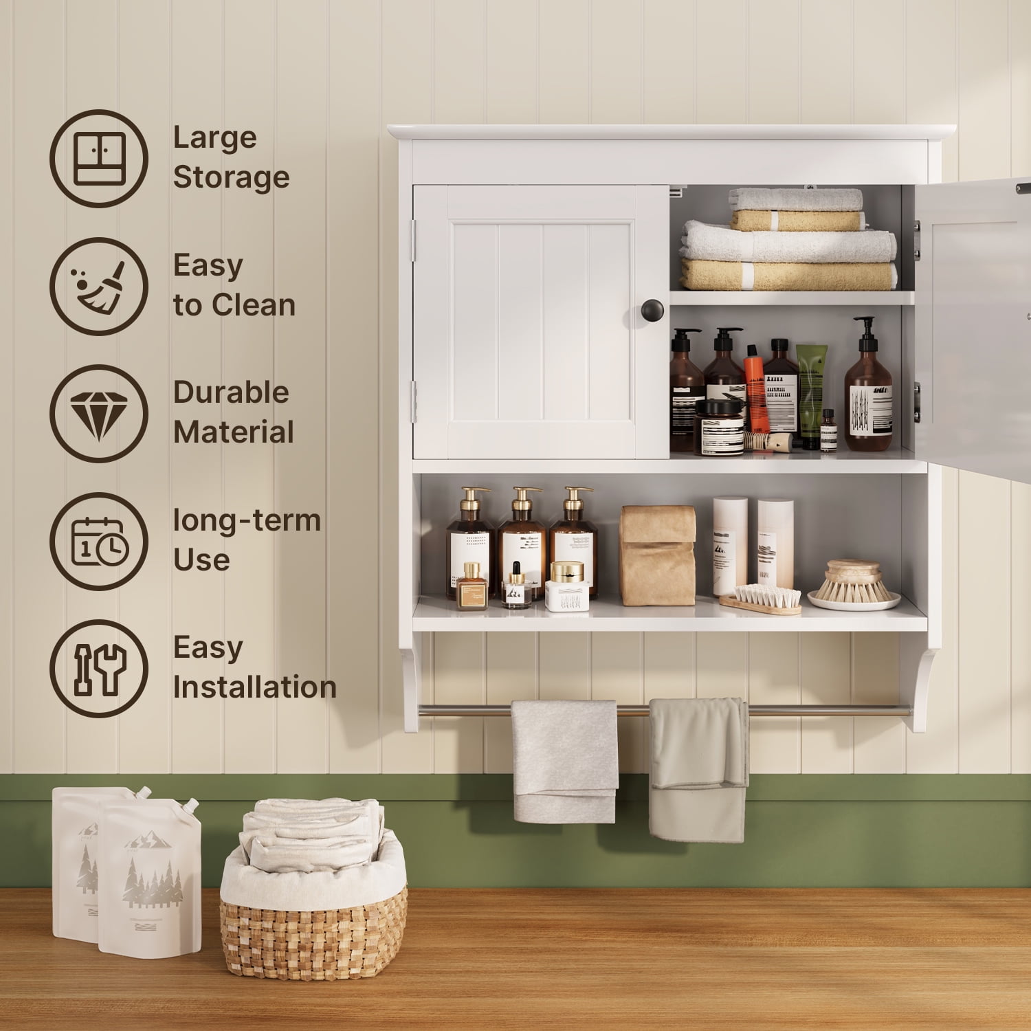 Lofka Bathroom Wall Cabinet, Over the Toilet Storage Cabinet with Double Doors, 1 Adjustable Shelf, 1 Towel Bar, White