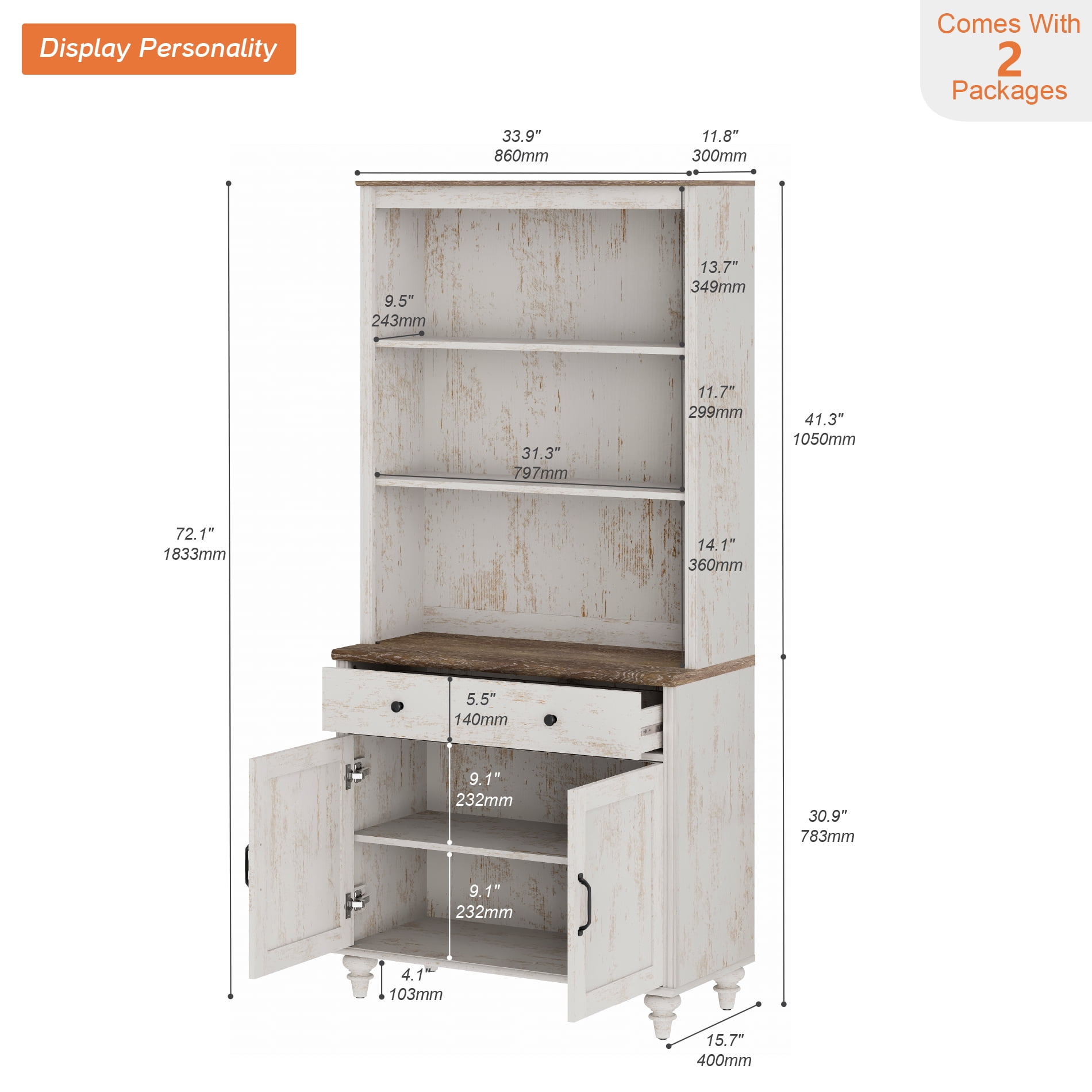 Farmhouse 5 Tier Bookcase With Drawer & Doors, Rustic White, 33.9" W
