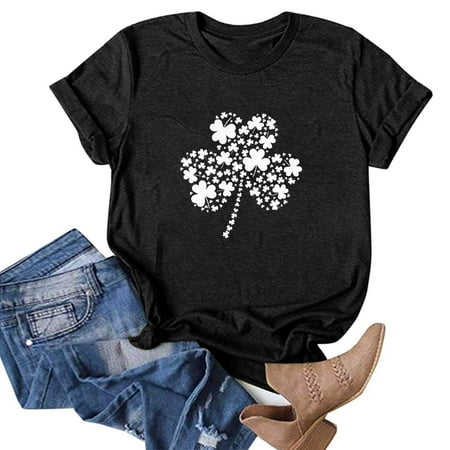 

St. Patrick s Day Tee Tops Clover Gnome Print T-Shirt for Women Short Sleeve Scrub Tops Blouse Nursing Working Uniform