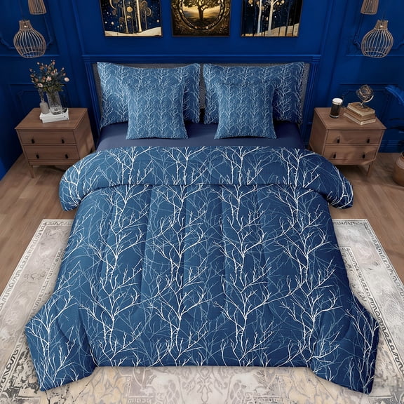 Feelyou Fashion Branches Plant Twin Bedding Sets 7-Piece for Teen, Navy Leaf Botabical Bedding Comforter Set, Stripes Abstract Reversible Sheet Sets, Super Cozy Room Decor