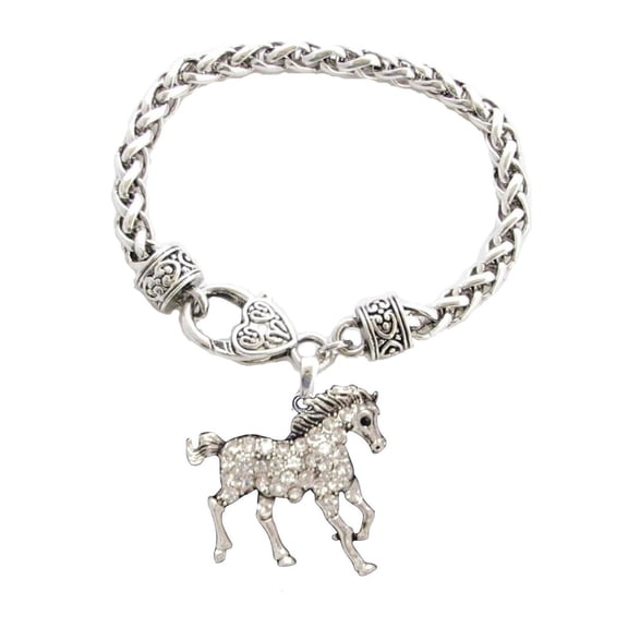 Horse Running Crystal Charm On Silver Plated Fashion Bracelet.
