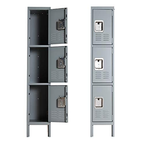 Office Storage Lockers 3-Tier Steel Lockers for School Gym Locker Compartment Home Office 3 Doors Grey BonusAll Metal Locker for Employees 