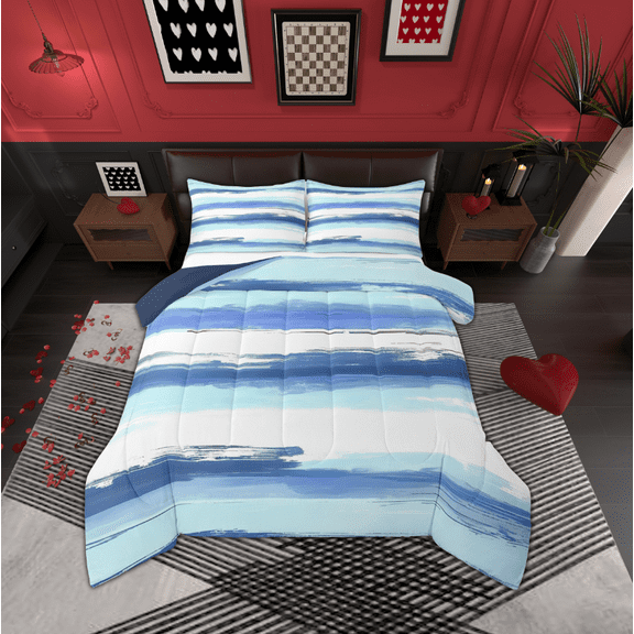 Manfei White Blue Ombre Bedding Comforter Set,Geometric Graffiti Lines Twin Comforter Sets,Graffiti Aesthetic Artwork Bedding Set For Boys Kids,Microfiber Bedroom Decor Reversible,2-Piece