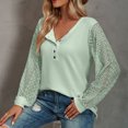 thumbnail image 2 of Camisas con costuras de encaje para mujer Camisas con cuello redondo y botones en la parte delantera Jersey cómodo de manga larga Verde guisante L, 2 of 6