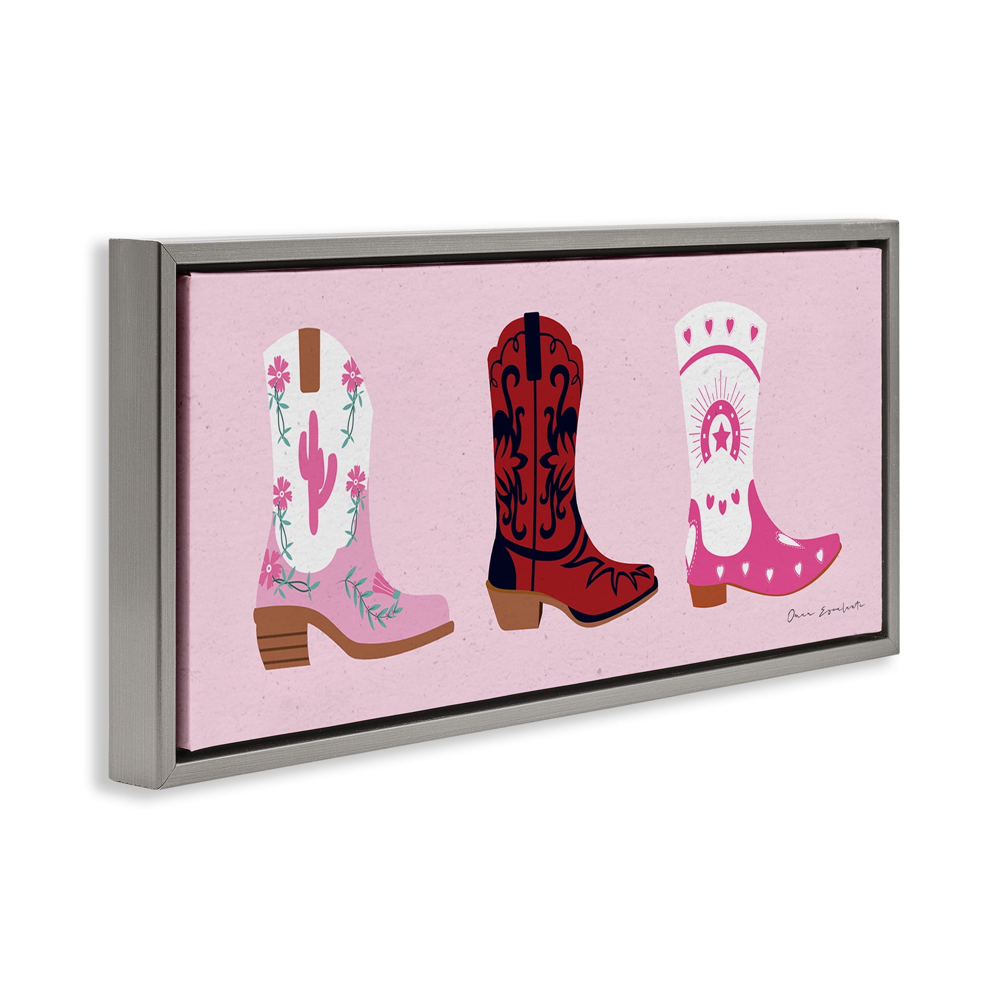 Stupell Industries Various Cowgirl Boots Beauty & Fashion Painting Gray Floater Framed Canvas Art Print Wall Art, 31 x 14