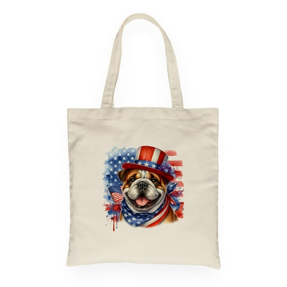 Patriotic Bulldog Celebrates 4th of July Canvas Tote Bag Dog Lover Gifts Idea Reusable Shopping Grocery Bag - 02009