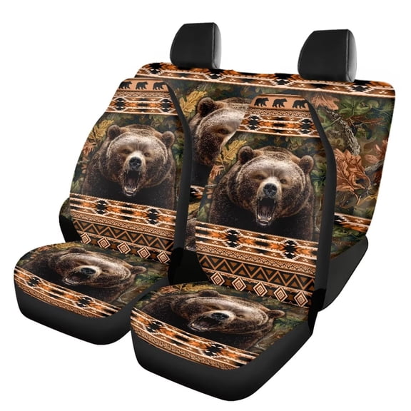Qpednta Aztec Bear Car Seat Covers Full Set 4 Pcs Car Interior Decor Front & Rear Seat Covers Soft Breathable Seat Protector Universal Automotive Seat Cover Accessories