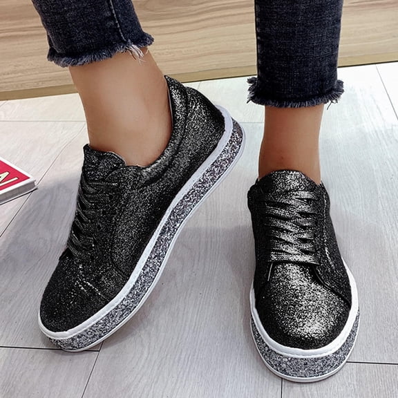 Herrnalise New Style Sequined Flat Lace-up Casual Women's Single Shoes Shallow Mouth Platform Shoes Women Shoes on Clearance