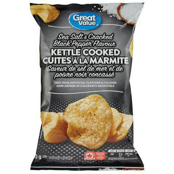 Great Value Sea Salt and Cracked Black Pepper Kettle Cooked Potato Chips, 180 g