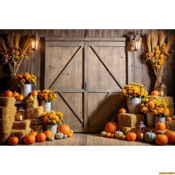Autumn Farm Barn Wood Door Backdrop Fall Maple Leaf Pumpkin Harvest Haystack Thanksgiving Baby Portrait Photography Background