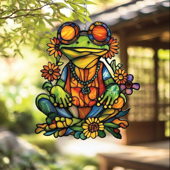 Hippie Frog Faux Stained Glass Suncatcher, Tie Dye Boho Frog Acrylic Window Hanging, Colorful Decor for Groovy Souls, Hippie Soul Gift