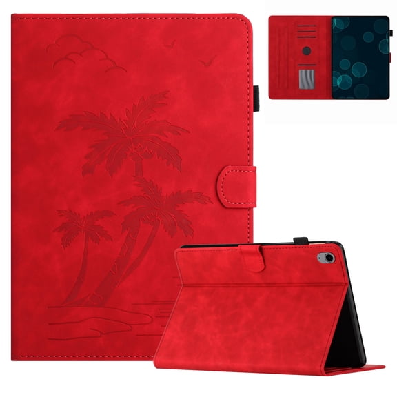 for Case for iPad mini (6th Generation)Released,PU Leather Embossed Coconut Tree Slim Case with Pencil Holder Card Slot Protective Smart Cover for iPad mini 6 2021 (6th Generation),Red