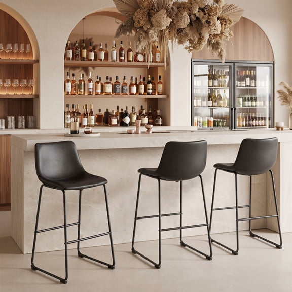 Smart Barstool Black Barstool, Transitional Style, Plush and durable faux leather fabric, Steel, Indoor Bar