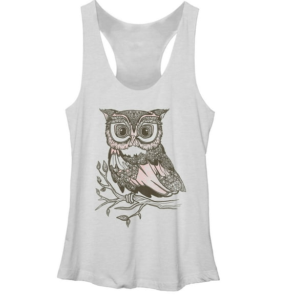 Women's Lost Gods Ornate Owl on a Branch  Racerback Tank Top White Heather Large