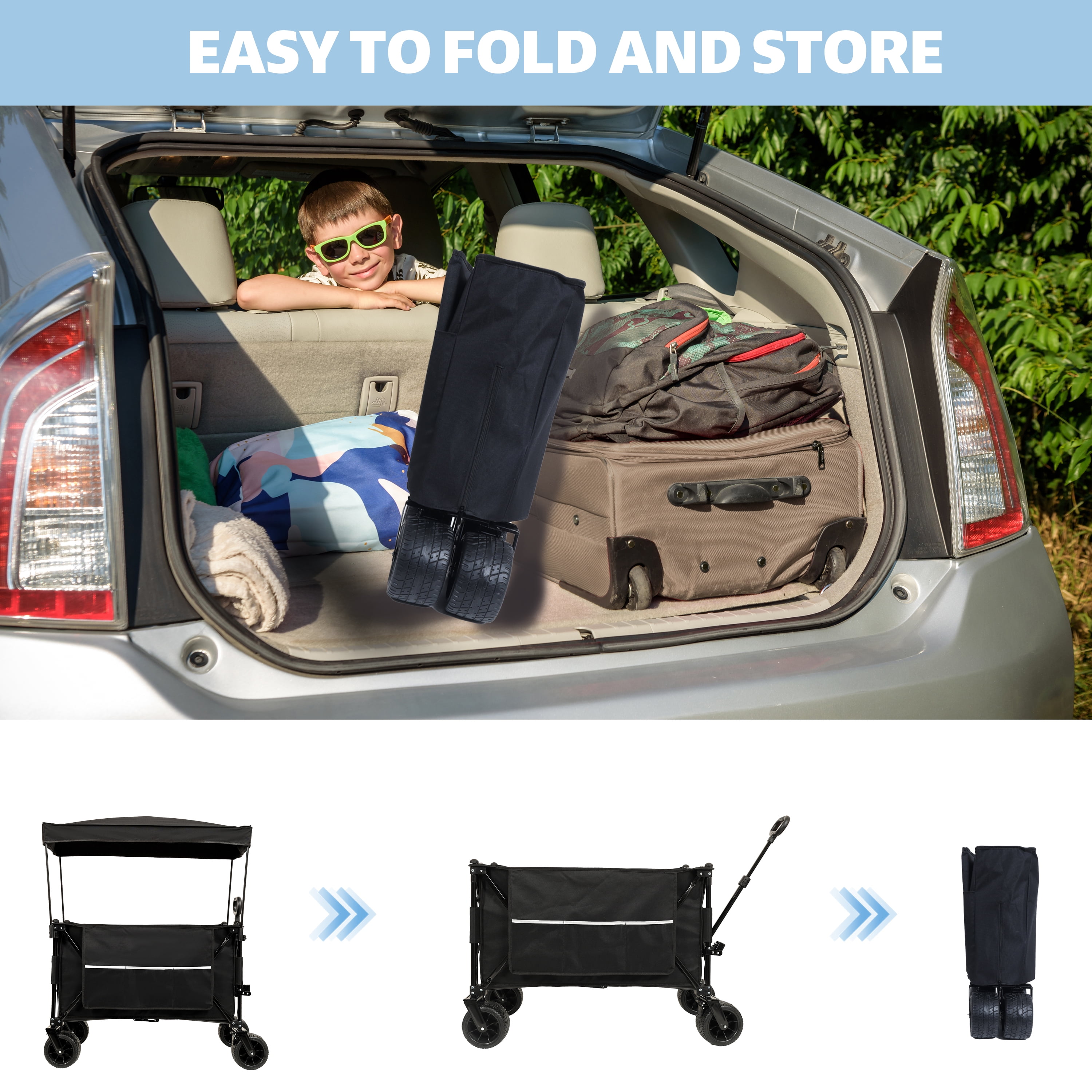 Kumix Collapsible Foldable Extended Wagon with Canopy, 480LBS Weight Capacity, Heavy Duty Folding Utility Garden Cart with Big All-Terrain Beach Wheels & Drink Holders, Side Pocket and Brakes, Black