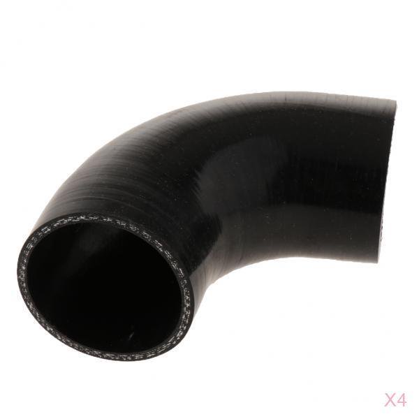 de silicona de 4 piezas, codo, acoplador, intercooler, tubo de admisión, 3 pulgadas, negro sunnimix manguera de silicona de 90 grados — codo de silicona negro 90° en vista 3/4; diámetro interior 76 mm (3 in), exterior 86 mm (3.4 in), espesor 5 mm, longitud aprox. 102 mm (4 in); superficie lisa brillante; paquete de 4 piezas; también suele usarse para desvíos o conexiones de manguera en instalaciones de motor.