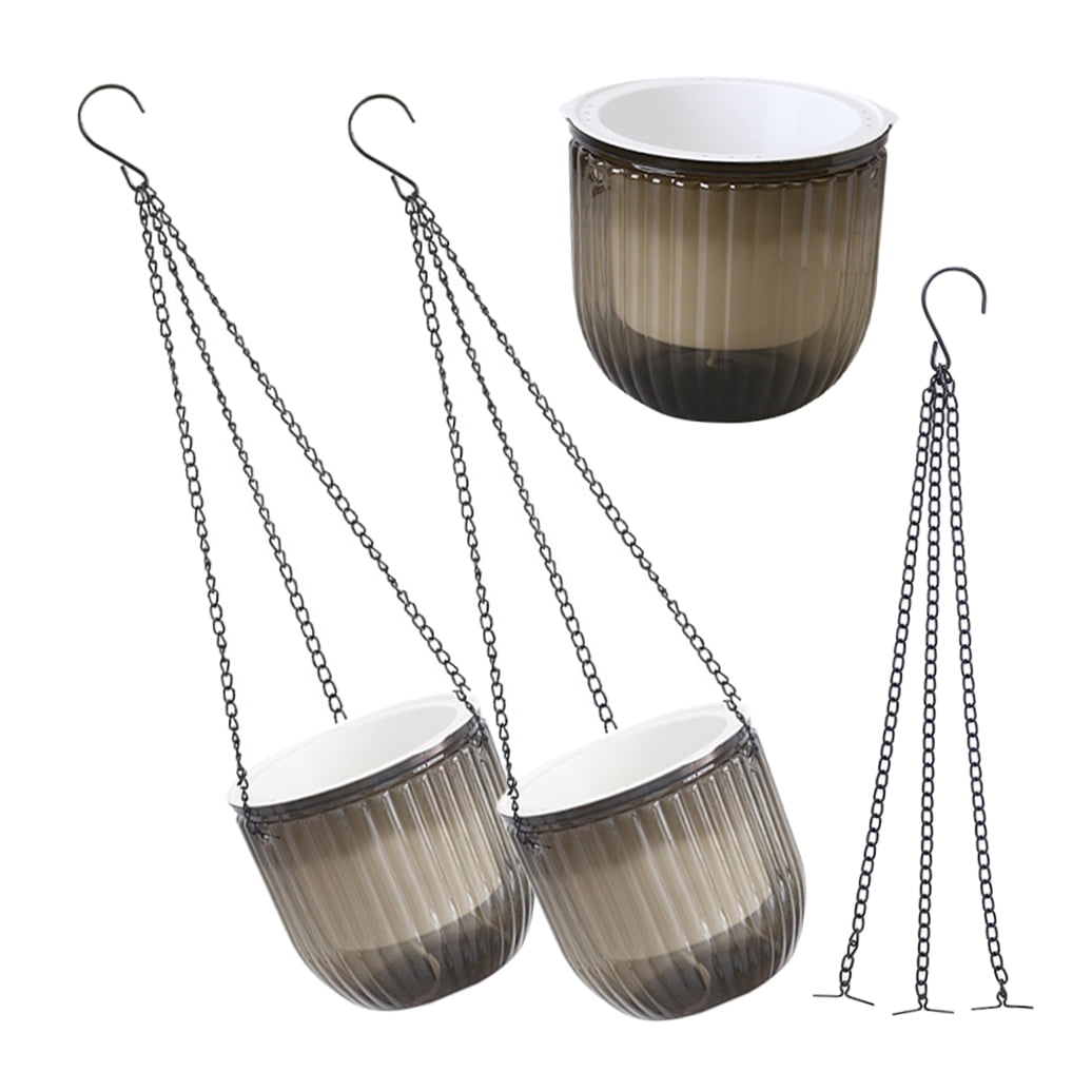 OUNONA Set of 3 Grey Resin Hanging Flower Pots with Self Watering for Balcony and Garden Decoration