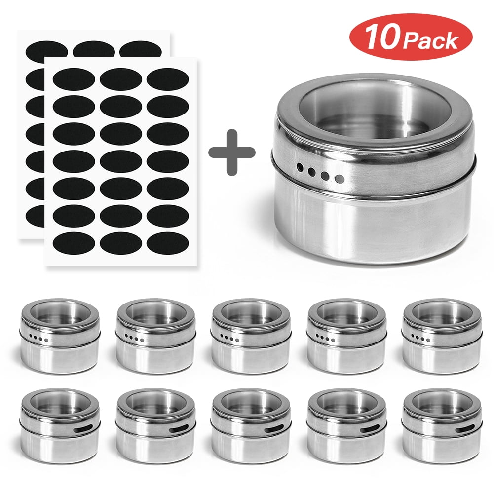 Kepooman 10 Pack Stainless Steel Storage Spice Containers with Sift & Pour Clear Top Lid for Camping Grill, Silver